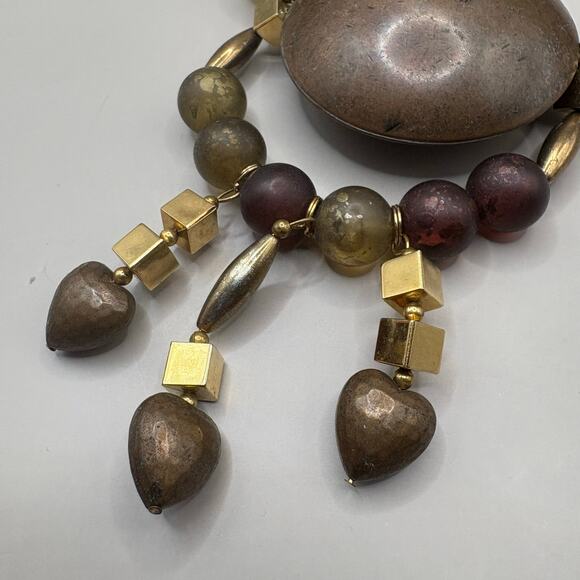 VTG Necklace Beaded Costume Statement Chunky Earthy Gold Tone Hearts Boho - Picture 3 of 7